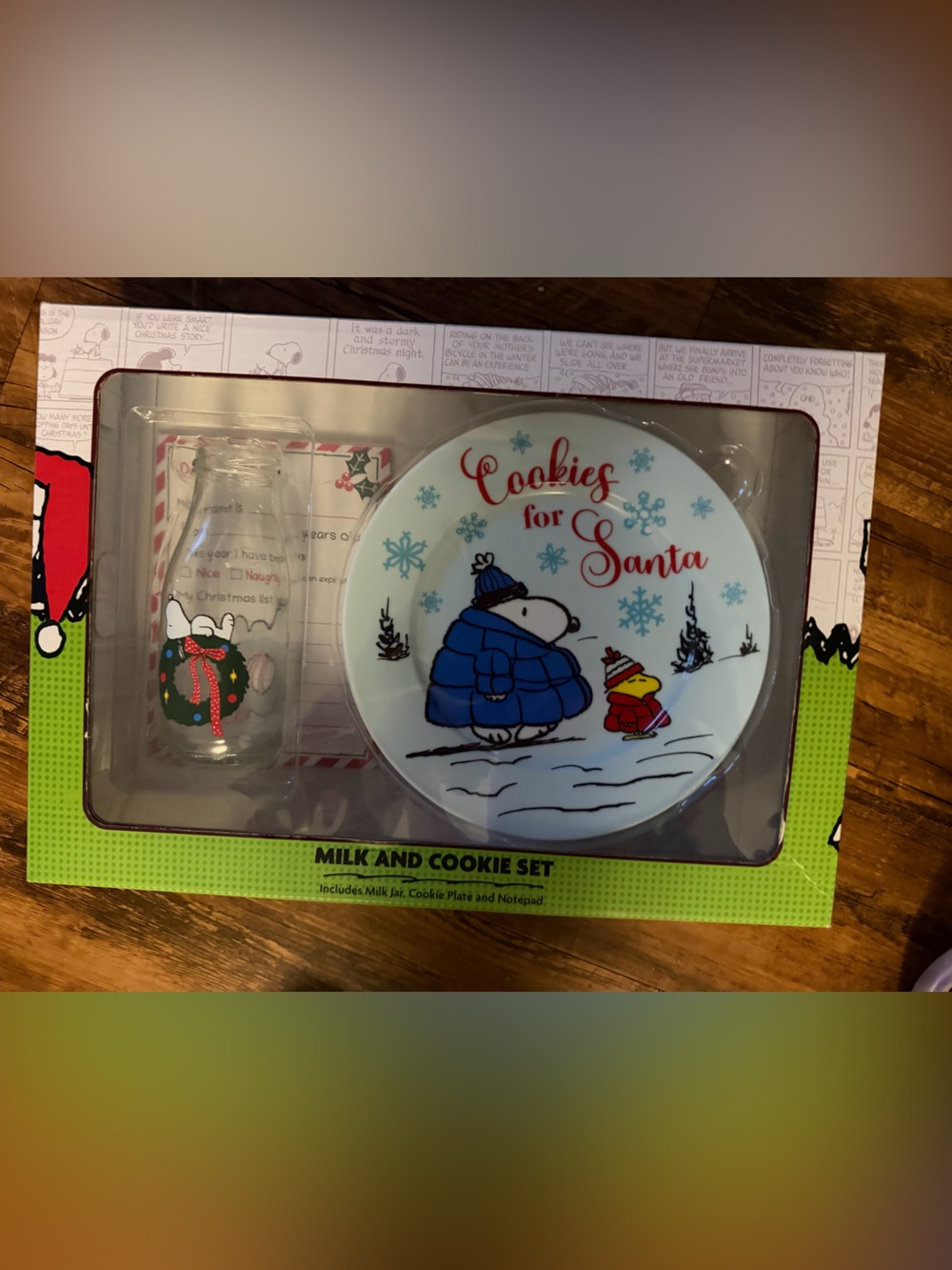 Peanuts cookiefor Santa Plate and Glass Milk & Cookie Set with notepad to Santa